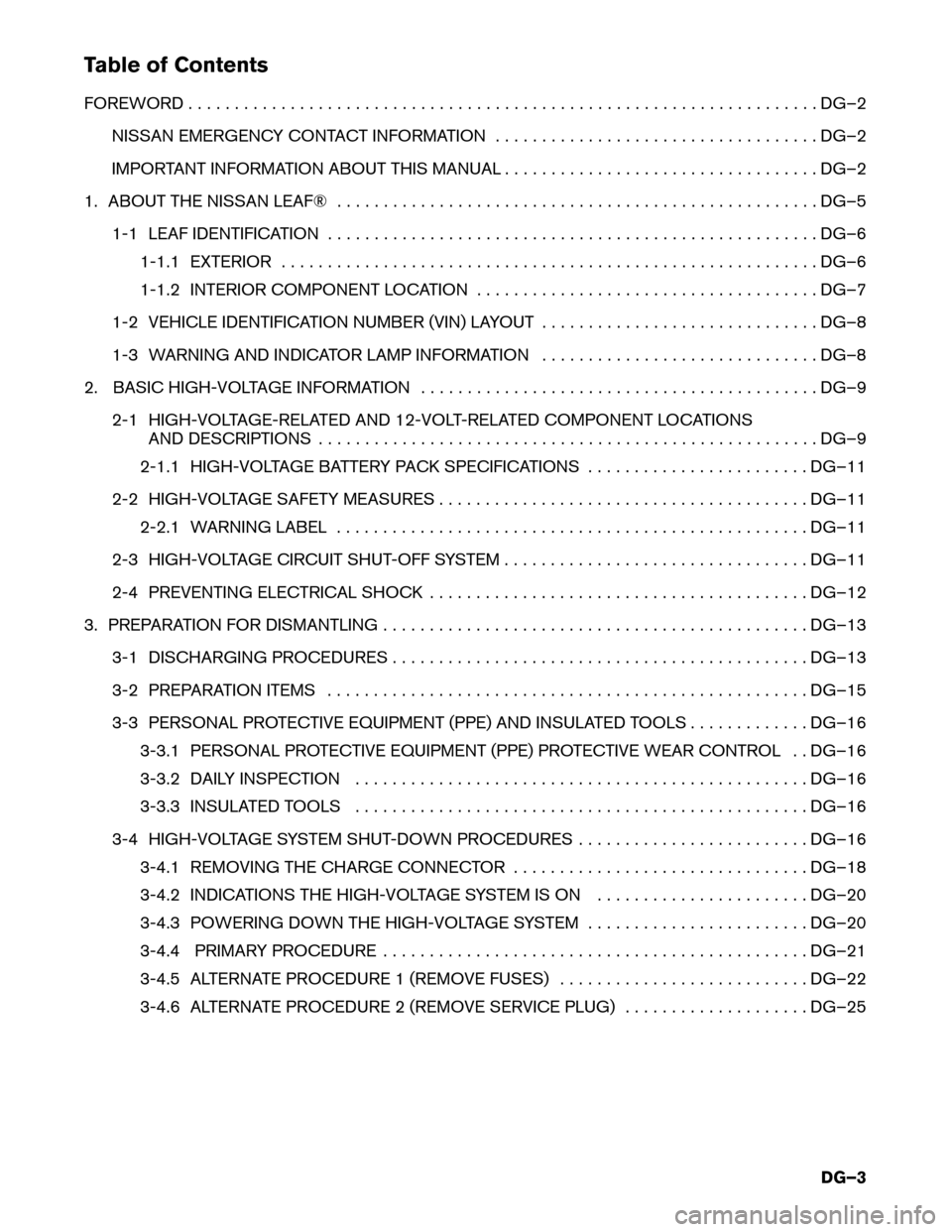 NISSAN LEAF 2017 1.G Dismantling Guide Table of Contents
FOREWORD
. . . . . . . . . . . . . . . . . . . . . . . . . . . . . . . . . . . . . . . . . . . . . . . . . . . . . . . . . . . . . . . . . . . . DG–2
NISSAN EMERGENCY CONTACT INFOR