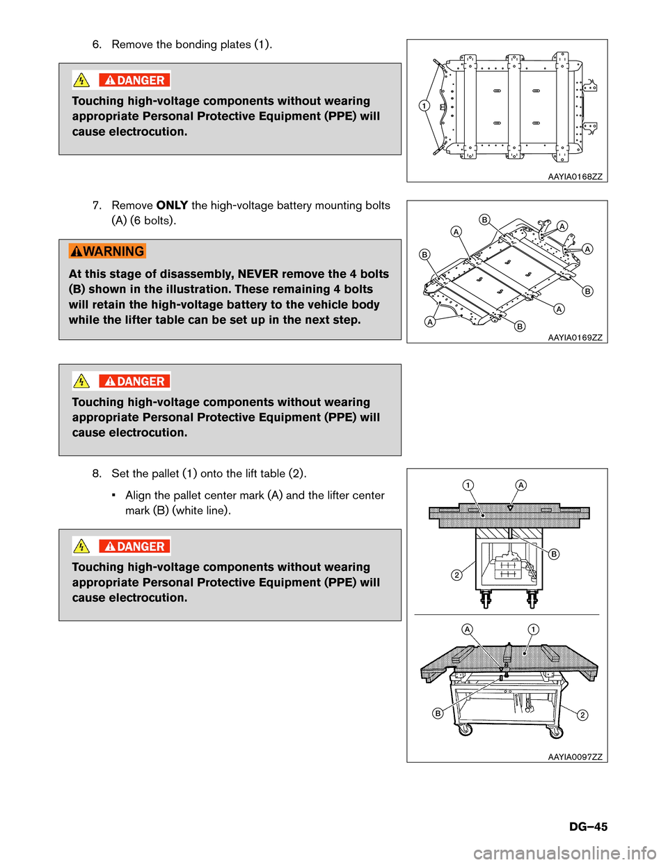 NISSAN LEAF 2017 1.G Dismantling Guide 6. Remove the bonding plates (1) .
Touching high-voltage components without wearing
appropriate
Personal Protective Equipment (PPE) will
cause electrocution.
7. Remove ONLYthe high-voltage battery mou