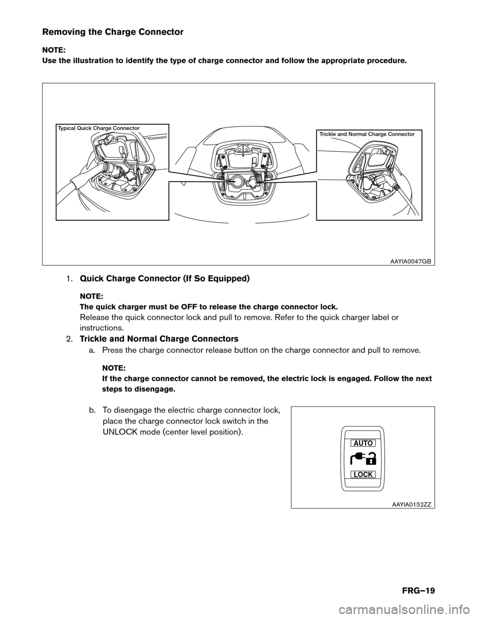 NISSAN LEAF 2017 1.G First Responders Guide Removing the Charge Connector
NO
TE:
Use the illustration to identify the type of charge connector and follow the appropriate procedure.
1.Quick Charge Connector (If So Equipped)
NOTE:
The quick charg NISSAN LEAF 2017 1.G First Responders Guide Removing the Charge Connector
NO
TE:
Use the illustration to identify the type of charge connector and follow the appropriate procedure.
1.Quick Charge Connector (If So Equipped)
NOTE:
The quick charg