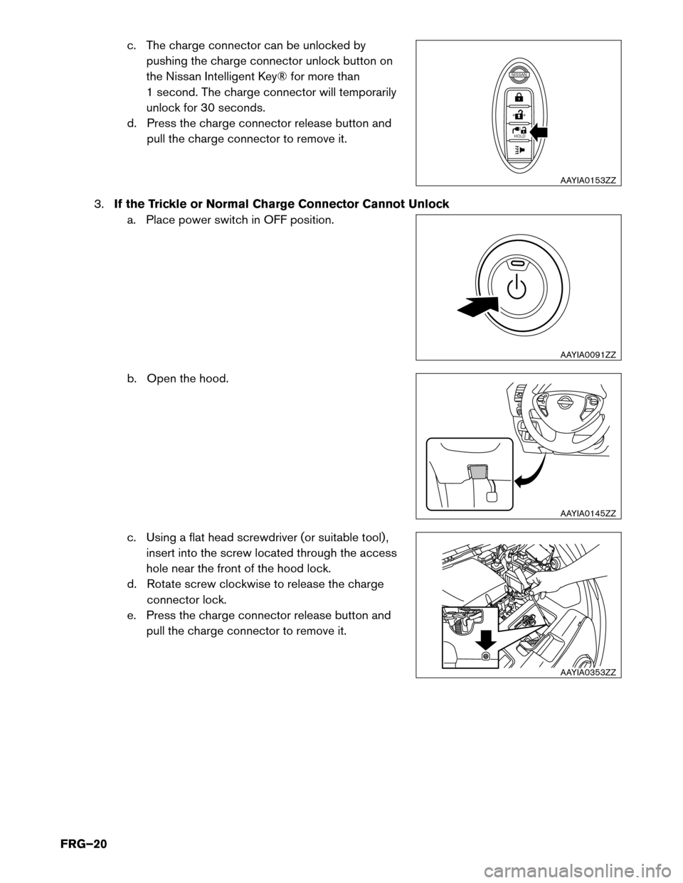NISSAN LEAF 2017 1.G First Responders Guide c. The charge connector can be unlocked by
pushing the charge connector unlock button on
the Nissan Intelligent Key® for more than
1 second. The charge connector will temporarily
unlock for 30 second NISSAN LEAF 2017 1.G First Responders Guide c. The charge connector can be unlocked by
pushing the charge connector unlock button on
the Nissan Intelligent Key® for more than
1 second. The charge connector will temporarily
unlock for 30 second