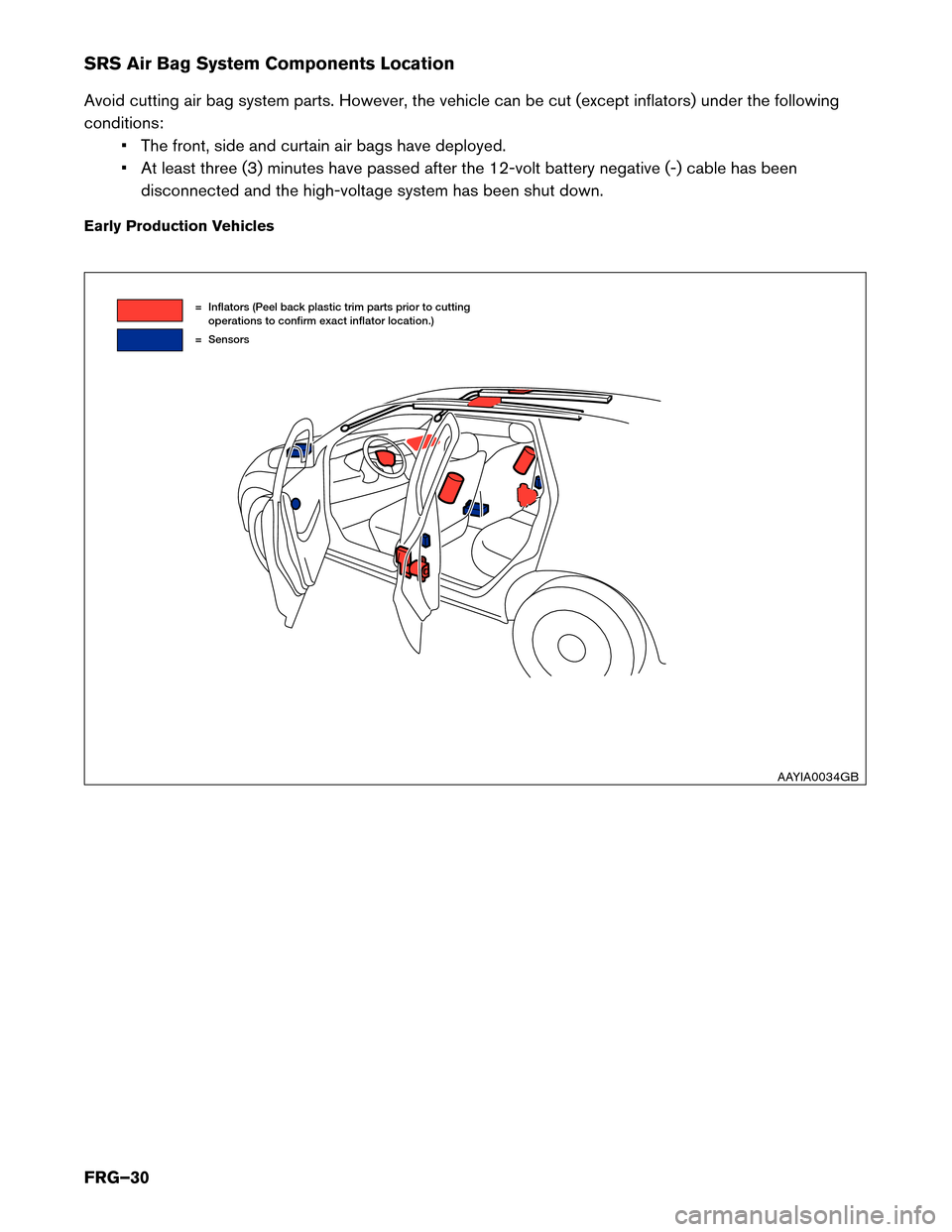 NISSAN LEAF 2017 1.G First Responders Guide SRS Air Bag System Components Location
Avoid
cutting air bag system parts. However, the vehicle can be cut (except inflators) under the following
conditions: • The front, side and curtain air bags h NISSAN LEAF 2017 1.G First Responders Guide SRS Air Bag System Components Location
Avoid
cutting air bag system parts. However, the vehicle can be cut (except inflators) under the following
conditions: • The front, side and curtain air bags h
