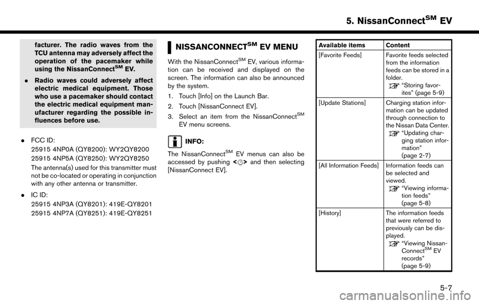 NISSAN LEAF 2017 1.G Navigation Manual facturer. The radio waves from the
TCU antenna may adversely affect the
operation of the pacemaker while
using the NissanConnect
SMEV.
. Radio waves could adversely affect
electric medical equipment. 