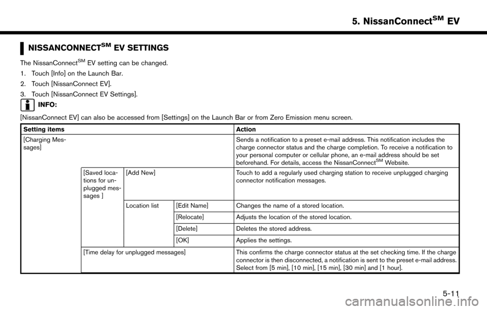 NISSAN LEAF 2017 1.G Navigation Manual NISSANCONNECTSMEV SETTINGS
The NissanConnectSMEV setting can be changed.
1. Touch [Info] on the Launch Bar.
2. Touch [NissanConnect EV].
3. Touch [NissanConnect EV Settings].
INFO:
[NissanConnect EV] 