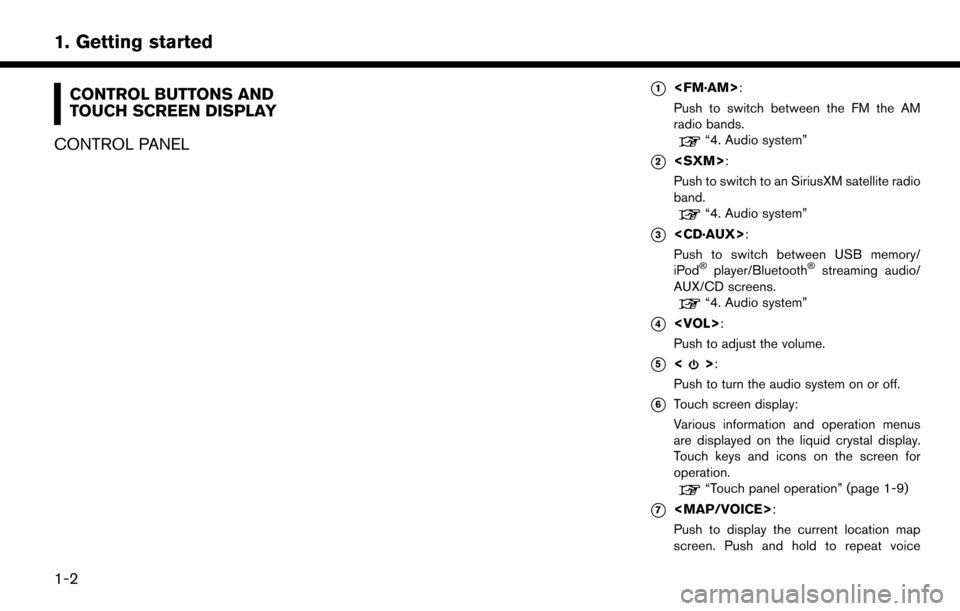 NISSAN LEAF 2017 1.G Navigation Manual CONTROL BUTTONS AND
TOUCH SCREEN DISPLAY
CONTROL PANEL*1<FM·AM>:
Push to switch between the FM the AM
radio bands.
“4. Audio system”
*2<SXM>:
Push to switch to an SiriusXM satellite radio
band.
�