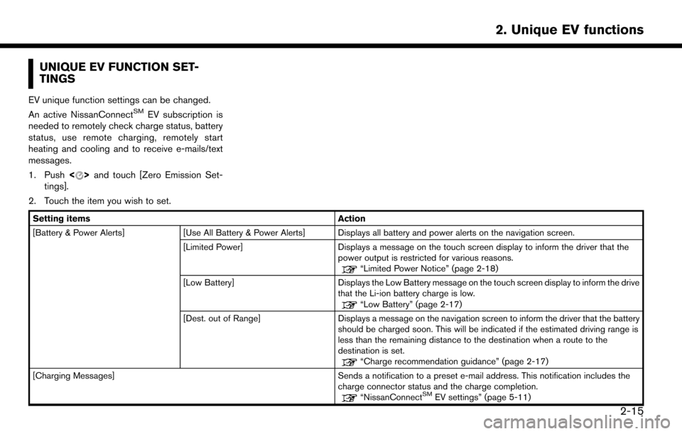 NISSAN LEAF 2017 1.G Navigation Manual UNIQUE EV FUNCTION SET-
TINGS
EV unique function settings can be changed.
An active NissanConnectSMEV subscription is
needed to remotely check charge status, battery
status, use remote charging, remot