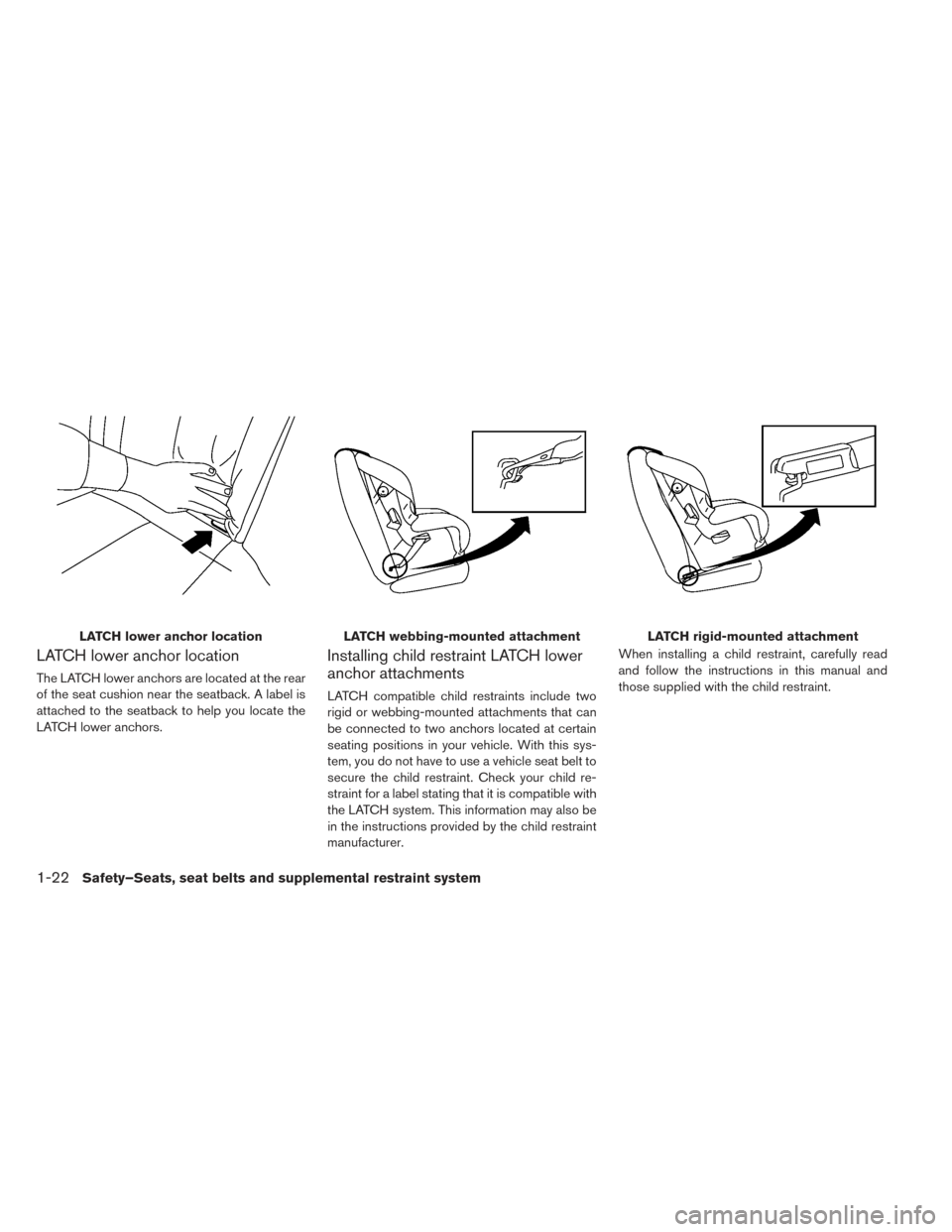 NISSAN LEAF 2017 1.G Owners Manual LATCH lower anchor location
The LATCH lower anchors are located at the rear
of the seat cushion near the seatback. A label is
attached to the seatback to help you locate the
LATCH lower anchors.
Insta