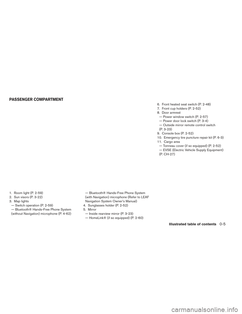 NISSAN LEAF 2017 1.G User Guide 1. Room light (P. 2-59)
2. Sun visors (P. 3-22)
3. Map lights— Switch operation (P. 2-59)
— Bluetooth® Hands-Free Phone System
(without Navigation) microphone (P. 4-62) — Bluetooth® Hands-Free