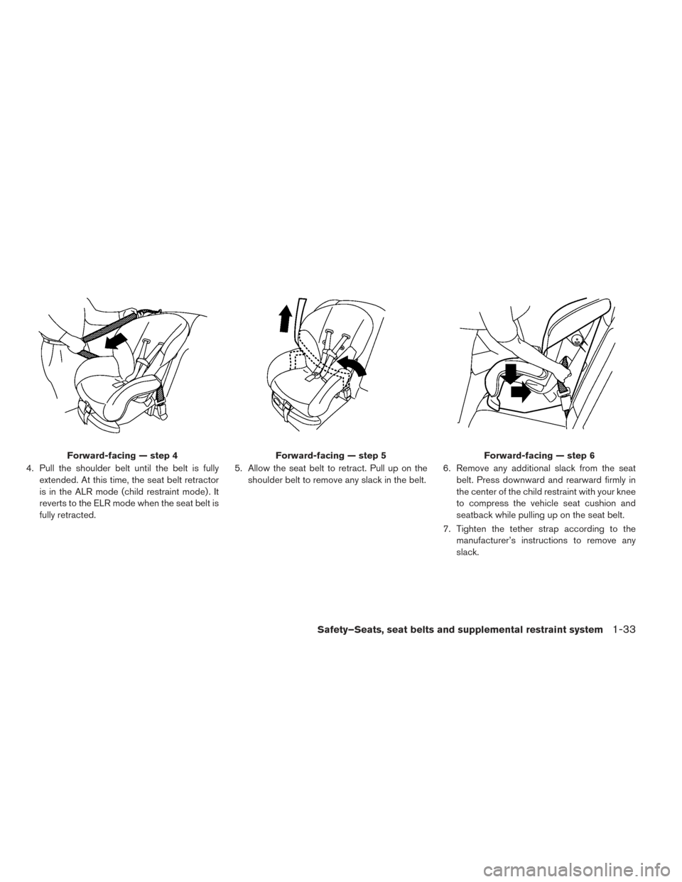 NISSAN LEAF 2017 1.G Owners Manual 4. Pull the shoulder belt until the belt is fullyextended. At this time, the seat belt retractor
is in the ALR mode (child restraint mode) . It
reverts to the ELR mode when the seat belt is
fully retr