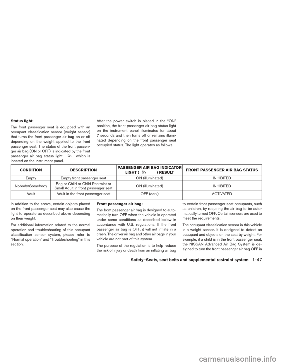NISSAN LEAF 2017 1.G Owners Manual Status light:
The front passenger seat is equipped with an
occupant classification sensor (weight sensor)
that turns the front passenger air bag on or off
depending on the weight applied to the front
