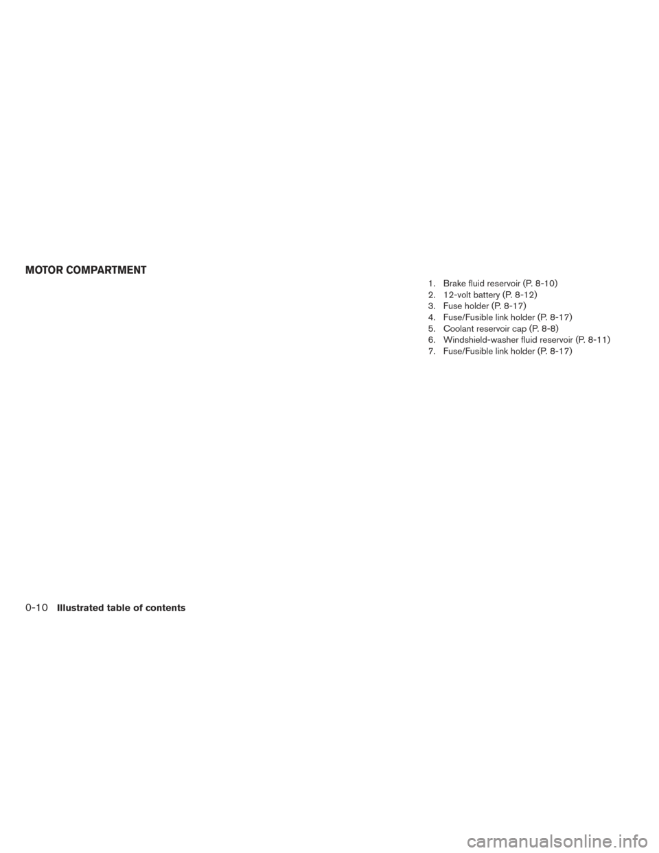 NISSAN LEAF 2017 1.G User Guide 1. Brake fluid reservoir (P. 8-10)
2. 12-volt battery (P. 8-12)
3. Fuse holder (P. 8-17)
4. Fuse/Fusible link holder (P. 8-17)
5. Coolant reservoir cap (P. 8-8)
6. Windshield-washer fluid reservoir (P