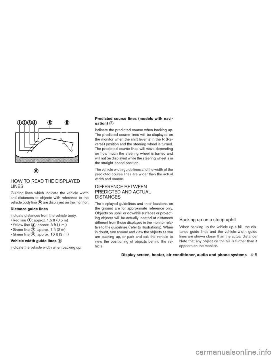 NISSAN LEAF 2017 1.G Owners Manual HOW TO READ THE DISPLAYED
LINES
Guiding lines which indicate the vehicle width
and distances to objects with reference to the
vehicle body line
Aare displayed on the monitor.
Distance guide lines
Ind