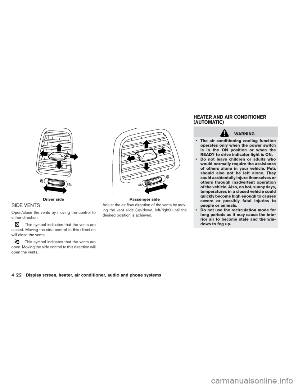 NISSAN LEAF 2017 1.G Owners Manual SIDE VENTS
Open/close the vents by moving the control to
either direction.
: This symbol indicates that the vents are
closed. Moving the side control to this direction
will close the vents.
: This sym