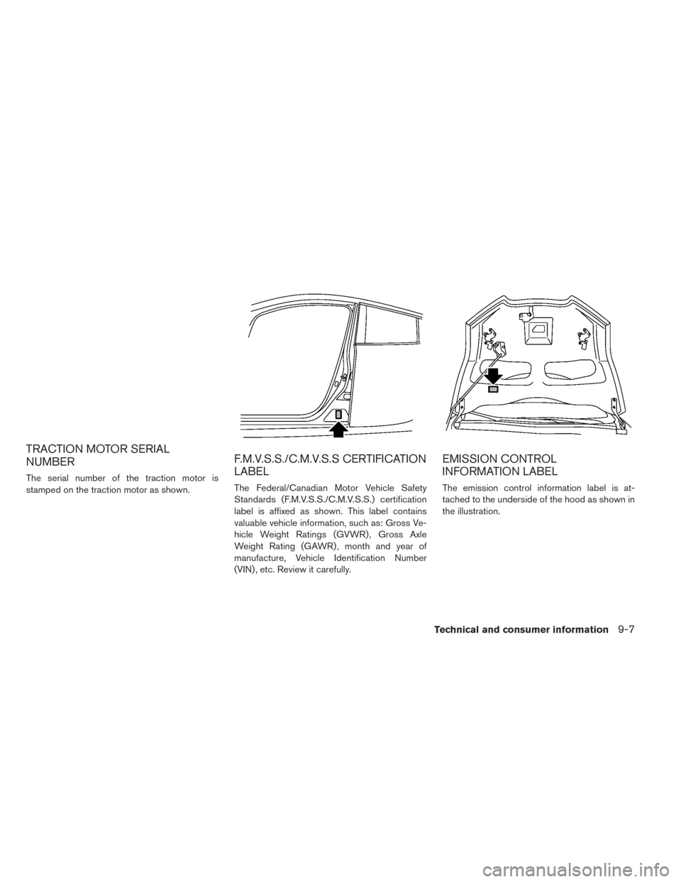 NISSAN LEAF 2017 1.G Owners Manual TRACTION MOTOR SERIAL
NUMBER
The serial number of the traction motor is
stamped on the traction motor as shown.
F.M.V.S.S./C.M.V.S.S CERTIFICATION
LABEL
The Federal/Canadian Motor Vehicle Safety
Stand NISSAN LEAF 2017 1.G Owners Manual TRACTION MOTOR SERIAL
NUMBER
The serial number of the traction motor is
stamped on the traction motor as shown.
F.M.V.S.S./C.M.V.S.S CERTIFICATION
LABEL
The Federal/Canadian Motor Vehicle Safety
Stand