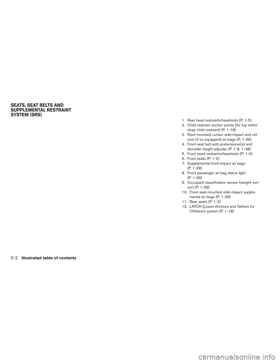 NISSAN LEAF 2017 1.G Owners Manual 1. Rear head restraints/headrests (P. 1-5)
2. Child restraint anchor points (for top tetherstrap child restraint) (P. 1-18)
3. Roof-mounted curtain side-impact and roll- over (if so equipped) air bags