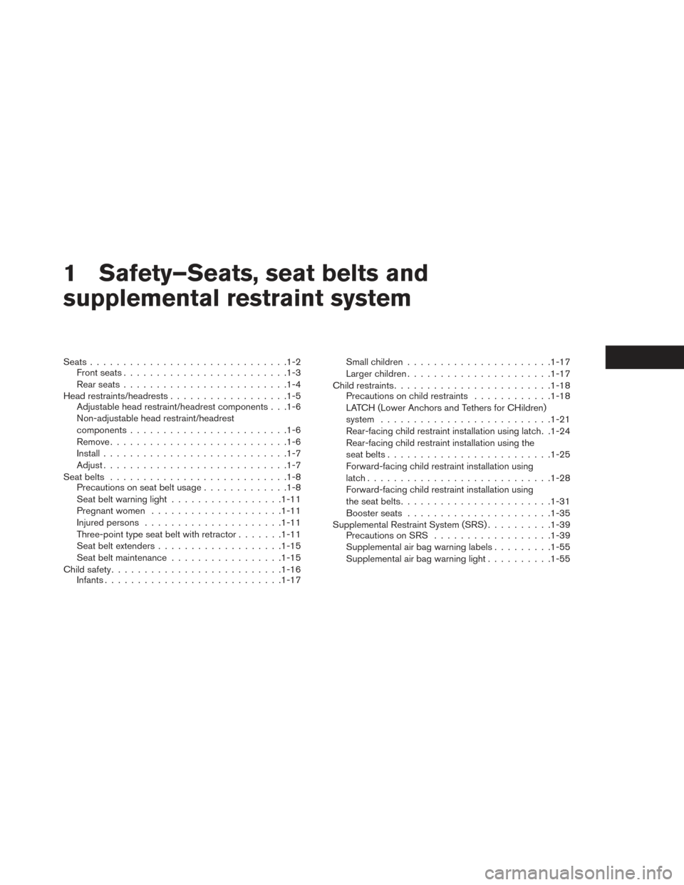 NISSAN LEAF 2017 1.G Owners Manual 1 Safety–Seats, seat belts and
supplemental restraint system
Seats............................. .1-2
Front seats ........................ .1-3
Rear seats ........................ .1-4
Head restraint