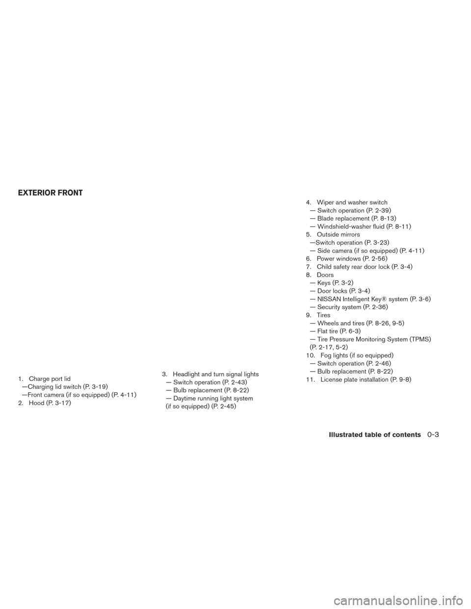 NISSAN LEAF 2017 1.G Owners Manual 1. Charge port lid—Charging lid switch (P. 3-19)
—Front camera (if so equipped) (P. 4-11)
2. Hood (P. 3-17) 3. Headlight and turn signal lights
— Switch operation (P. 2-43)
— Bulb replacement 