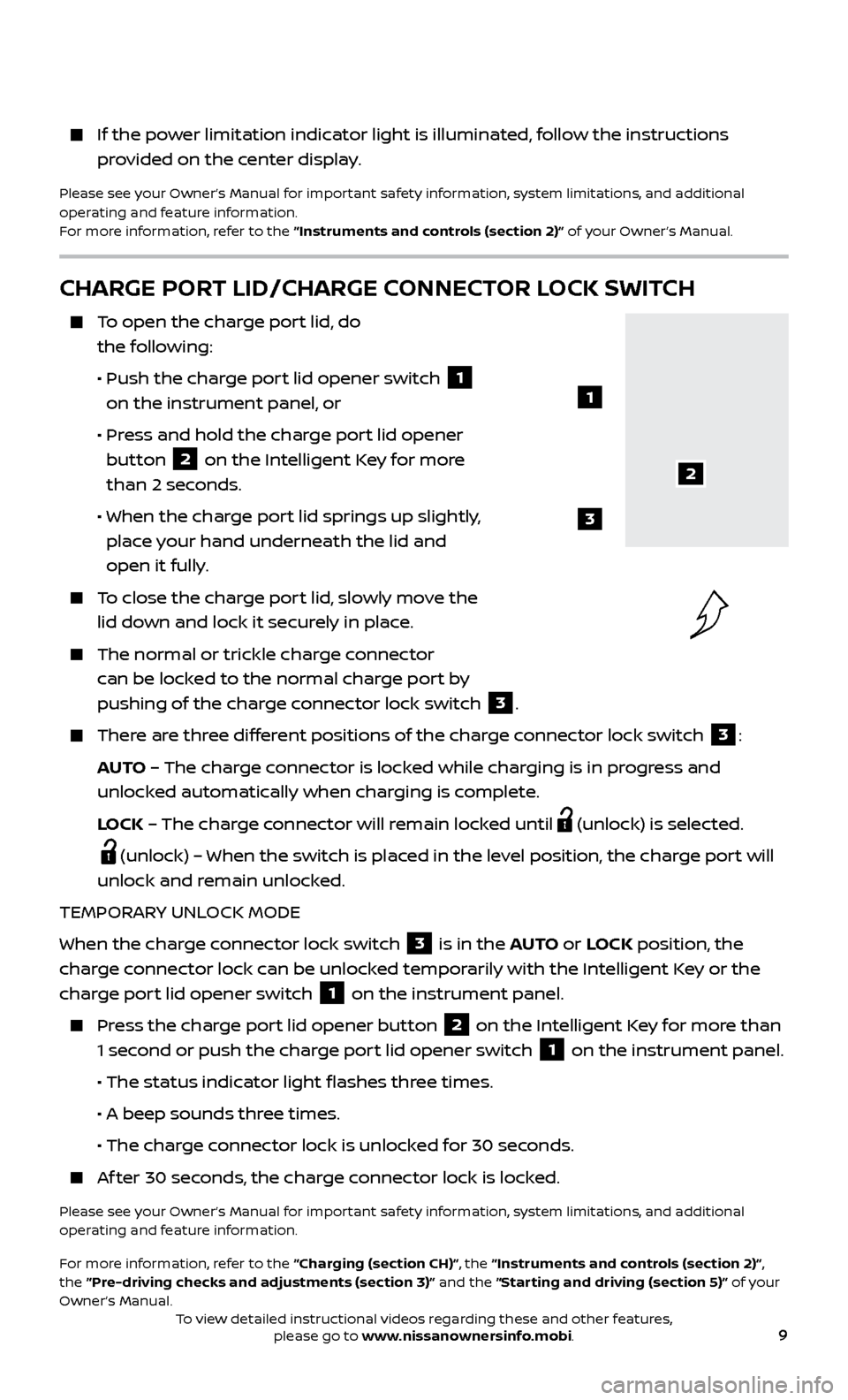 NISSAN LEAF 2017 1.G Quick Reference Guide 9
    If the power limitation indicator light is illuminated, follow the instructions provided on the center display.
Please see your Owner’s Manual for important safety information, system limitati