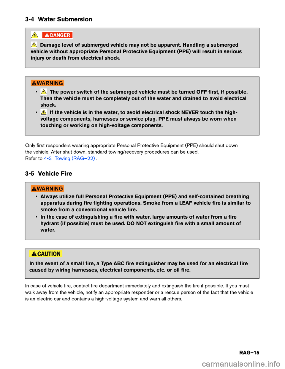 NISSAN LEAF 2017 1.G Roadside Assistance Guide 3-4 Water Submersion
Damage level of submerged vehicle may not be apparent. Handling a submerged
vehicle without appropriate Personal Protective Equipment (PPE) will result in serious
injury or death NISSAN LEAF 2017 1.G Roadside Assistance Guide 3-4 Water Submersion
Damage level of submerged vehicle may not be apparent. Handling a submerged
vehicle without appropriate Personal Protective Equipment (PPE) will result in serious
injury or death