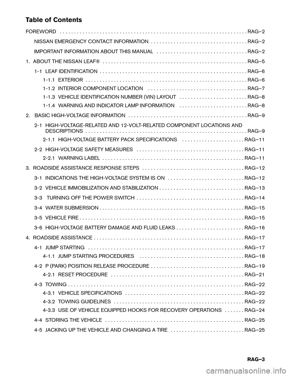 NISSAN LEAF 2017 1.G Roadside Assistance Guide Table of Contents
FOREWORD
. . . . . . . . . . . . . . . . . . . . . . . . . . . . . . . . . . . . . . . . . . . . . . . . . . . . . . . . . . . . . . . . . . RAG–2
NISSAN EMERGENCY CONTACT INFORMAT