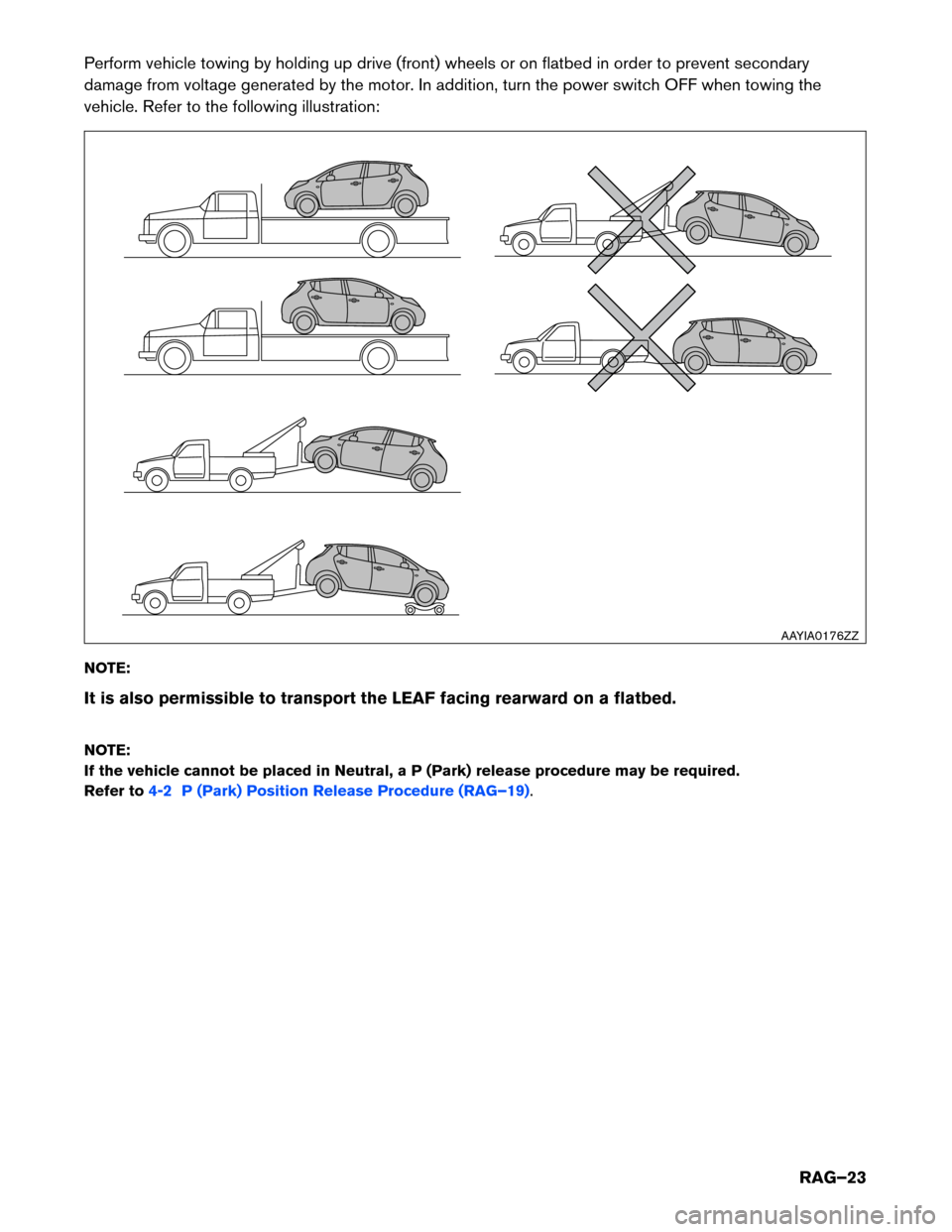 NISSAN LEAF 2017 1.G Roadside Assistance Guide Perform vehicle towing by holding up drive (front) wheels or on flatbed in order to prevent secondary
damage
from voltage generated by the motor. In addition, turn the power switch OFF when towing the