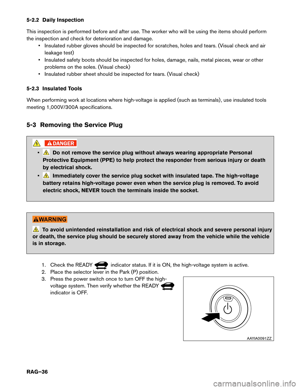NISSAN LEAF 2017 1.G Roadside Assistance Guide 5-2.2 Daily Inspection
This
inspection is performed before and after use. The worker who will be using the items should perform
the inspection and check for deterioration and damage. • Insulated rub NISSAN LEAF 2017 1.G Roadside Assistance Guide 5-2.2 Daily Inspection
This
inspection is performed before and after use. The worker who will be using the items should perform
the inspection and check for deterioration and damage. • Insulated rub
