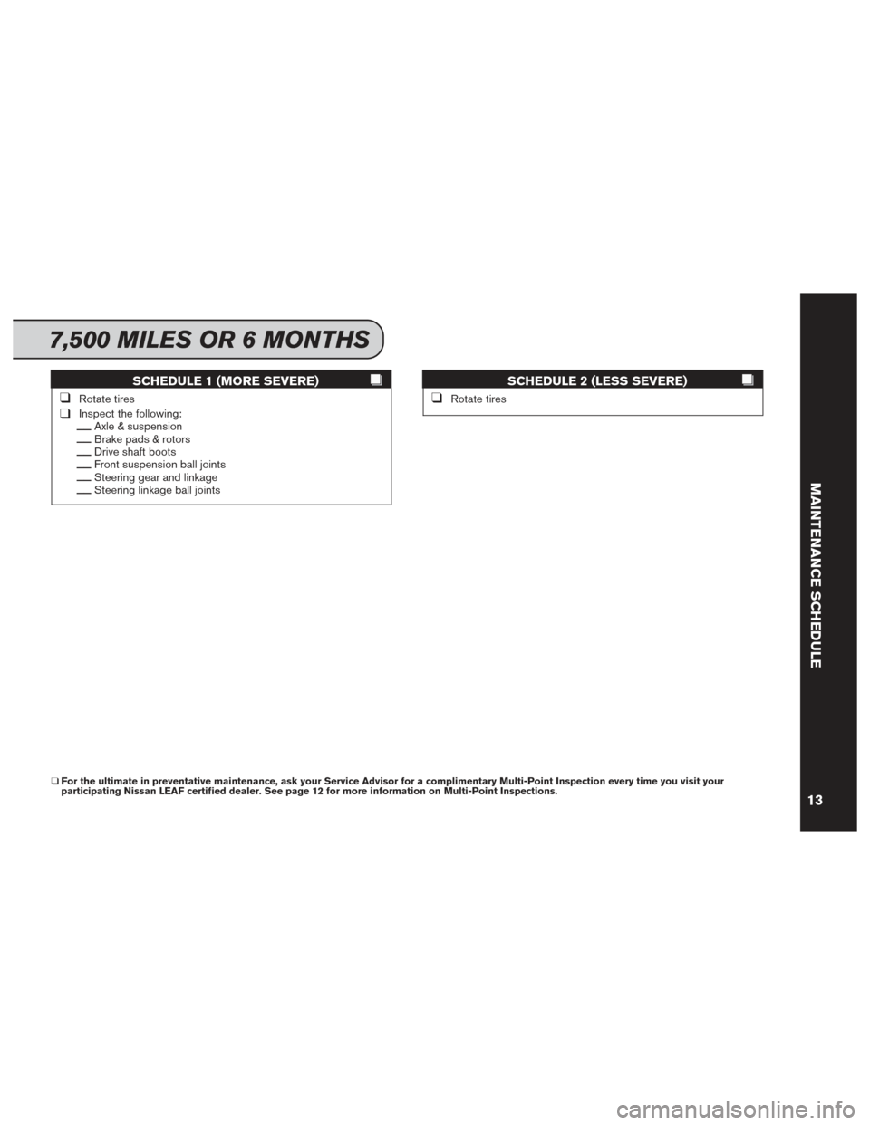 NISSAN LEAF 2017 1.G Service And Maintenance Guide SCHEDULE 1 (MORE SEVERE)
❑Rotate tires
❑Inspect the following:__Axle & suspension__Brake pads & rotors__Drive shaft boots__Front suspension ball joints__Steering gear and linkage__Steering linkage NISSAN LEAF 2017 1.G Service And Maintenance Guide SCHEDULE 1 (MORE SEVERE)
❑Rotate tires
❑Inspect the following:__Axle & suspension__Brake pads & rotors__Drive shaft boots__Front suspension ball joints__Steering gear and linkage__Steering linkage