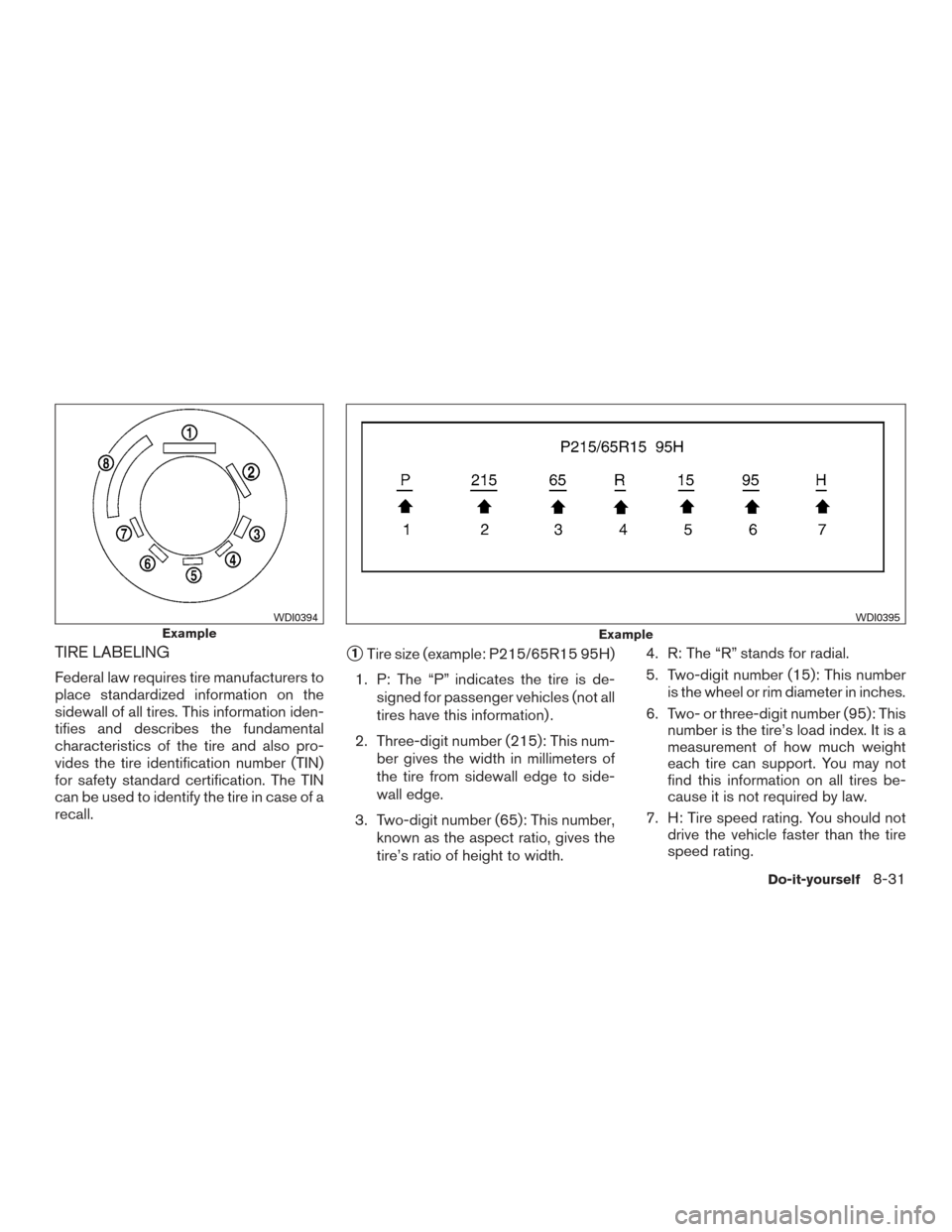 NISSAN MAXIMA 2017 A36 / 8.G Owners Manual TIRE LABELING
Federal law requires tire manufacturers to
place standardized information on the
sidewall of all tires. This information iden-
tifies and describes the fundamental
characteristics of the