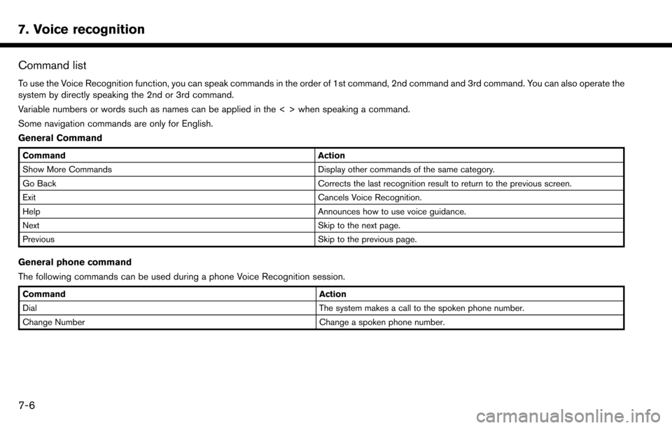 NISSAN MAXIMA 2017 A36 / 8.G Nissan Connect Navigation Manual 7. Voice recognition
Command list
To use the Voice Recognition function, you can speak commands in the order of 1st command, 2nd command and 3rd command. You can also operate the
system by directly sp