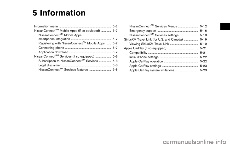 NISSAN MAXIMA 2017 A36 / 8.G Nissan Connect Navigation Manual 5 Information
Information menu ....................................................................... 5-2
NissanConnectSMMobile Apps (if so equipped) .............. 5-7
NissanConnectSMMobile Apps
sma