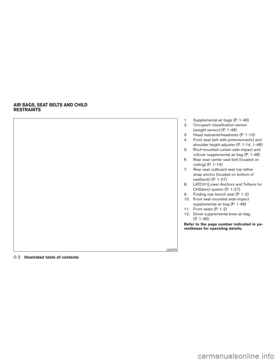 NISSAN MURANO 2017 3.G User Guide 1. Supplemental air bags (P. 1-48)
2. Occupant classification sensor(weight sensor) (P. 1-48)
3. Head restraints/headrests (P. 1-10)
4. Front seat belt with pretensioner(s) and
shoulder height adjuste