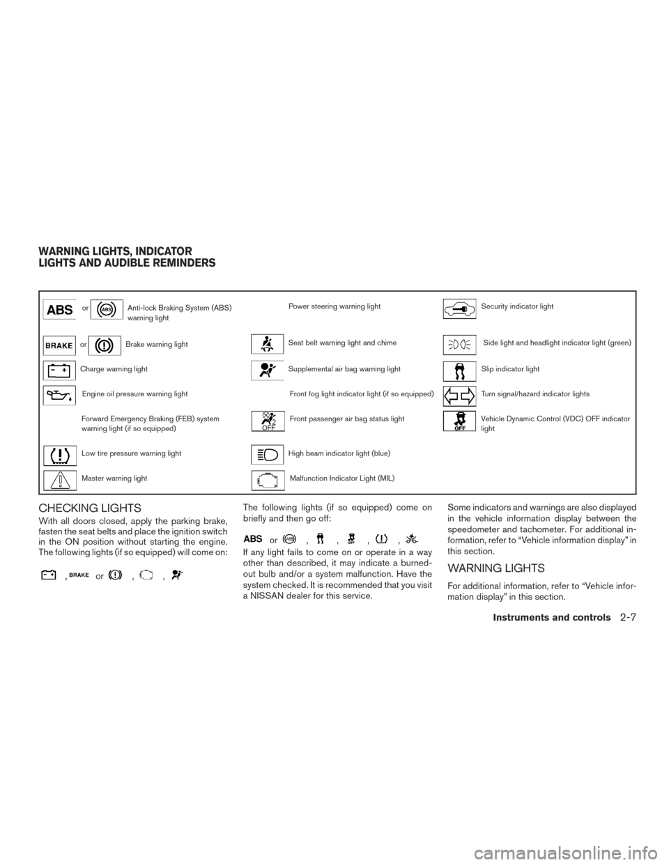 NISSAN MURANO 2017 3.G Owners Manual orAnti-lock Braking System (ABS)
warning lightPower steering warning lightSecurity indicator light
orBrake warning lightSeat belt warning light and chimeSide light and headlight indicator light (green