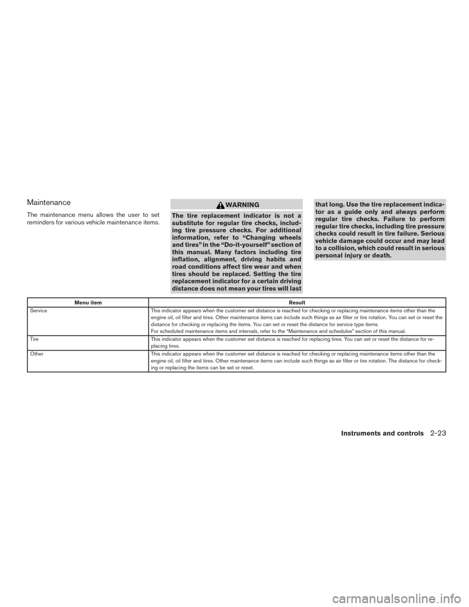 NISSAN PATHFINDER 2017 R52 / 4.G Owners Manual Maintenance
The maintenance menu allows the user to set
reminders for various vehicle maintenance items.
WARNING
The tire replacement indicator is not a
substitute for regular tire checks, includ-
ing