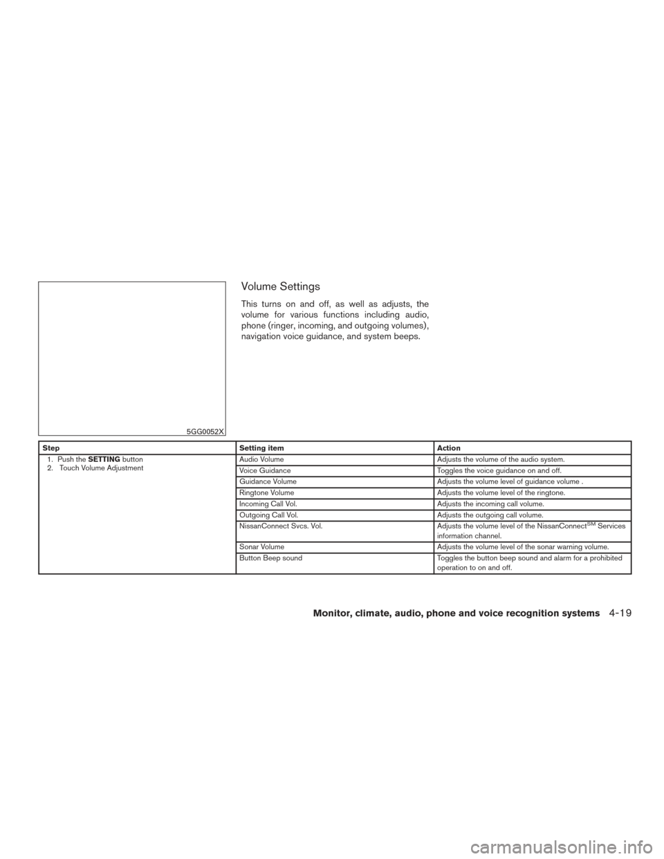 NISSAN PATHFINDER 2017 R52 / 4.G Owners Manual Volume Settings
This turns on and off, as well as adjusts, the
volume for various functions including audio,
phone (ringer, incoming, and outgoing volumes) ,
navigation voice guidance, and system beep NISSAN PATHFINDER 2017 R52 / 4.G Owners Manual Volume Settings
This turns on and off, as well as adjusts, the
volume for various functions including audio,
phone (ringer, incoming, and outgoing volumes) ,
navigation voice guidance, and system beep
