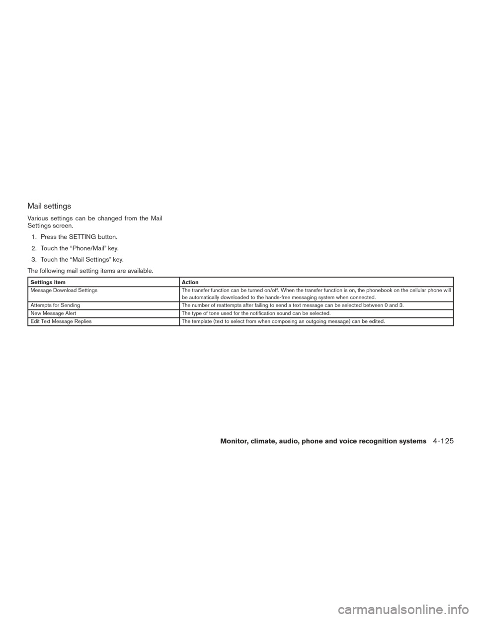 NISSAN PATHFINDER 2017 R52 / 4.G Owners Manual Mail settings
Various settings can be changed from the Mail
Settings screen.1. Press the SETTING button.
2. Touch the “Phone/Mail” key.
3. Touch the “Mail Settings” key.
The following mail set NISSAN PATHFINDER 2017 R52 / 4.G Owners Manual Mail settings
Various settings can be changed from the Mail
Settings screen.1. Press the SETTING button.
2. Touch the “Phone/Mail” key.
3. Touch the “Mail Settings” key.
The following mail set