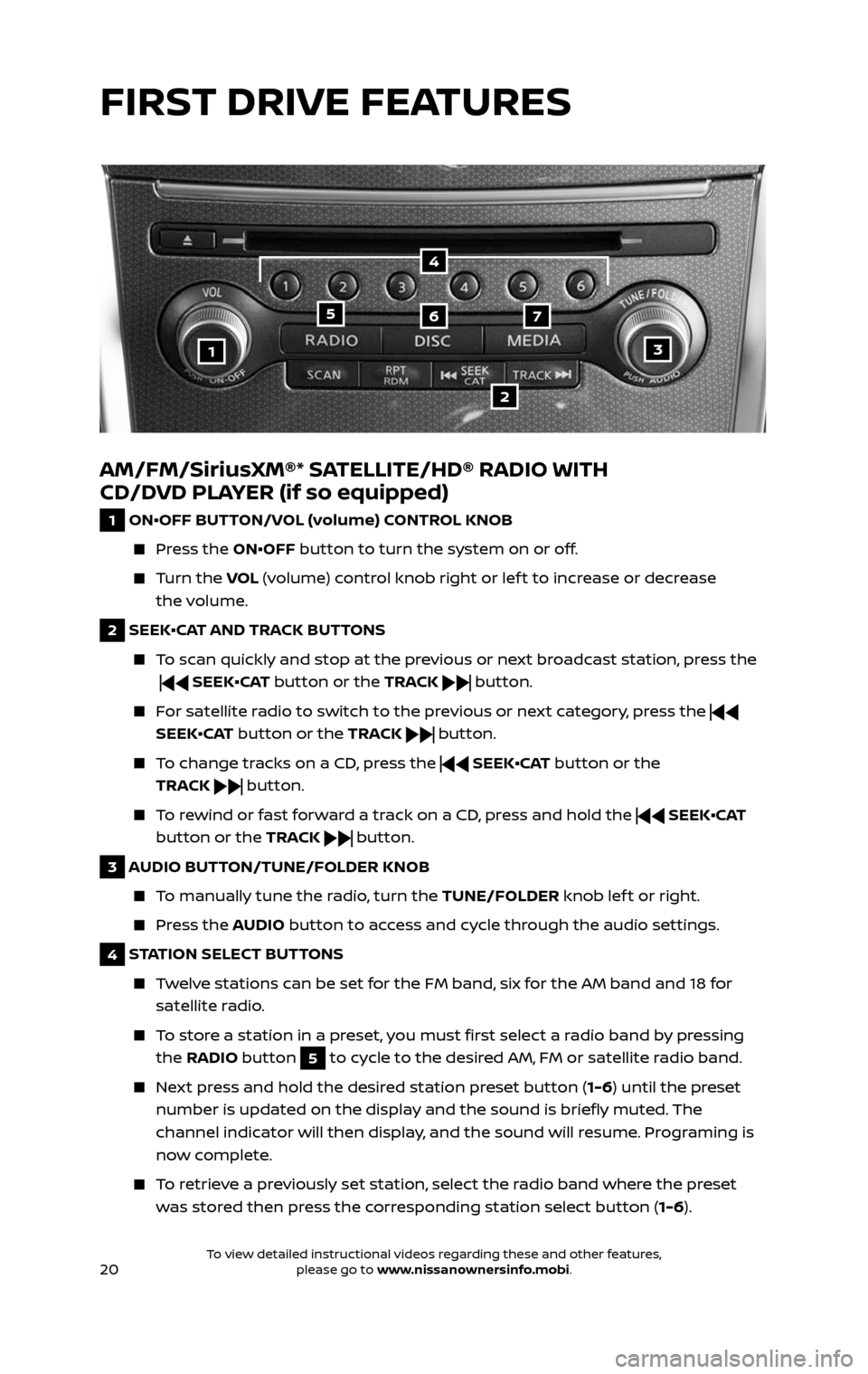 NISSAN PATHFINDER 2017 R52 / 4.G Quick Reference Guide 20
AM/FM/SiriusXM®* SATELLITE/HD® RADIO WITH
CD/DVD PLAYER (if so equipped)
1 ON•OFF BUTTON/VOL (volume) CONTROL KNOB
Press the ON•OFF button to turn the system on or off.
Turn th NISSAN PATHFINDER 2017 R52 / 4.G Quick Reference Guide 20
AM/FM/SiriusXM®* SATELLITE/HD® RADIO WITH
CD/DVD PLAYER (if so equipped)
1 ON•OFF BUTTON/VOL (volume) CONTROL KNOB
Press the ON•OFF button to turn the system on or off.
Turn th