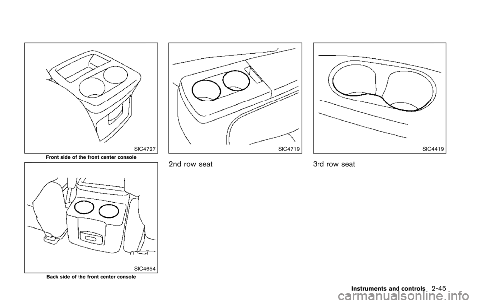 NISSAN QUEST 2017 RE52 / 4.G Owners Manual SIC4727
Front side of the front center console
SIC4654Back side of the front center console
SIC4719
2nd row seat
SIC4419
3rd row seat
Instruments and controls2-45 