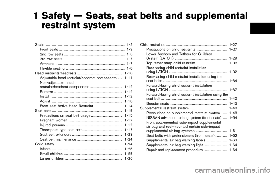 NISSAN QUEST 2017 RE52 / 4.G Owners Manual 1 Safety — Seats, seat belts and supplementalrestraint system
Seats ........................................................................\
.................... 1-2
Front seats ...................