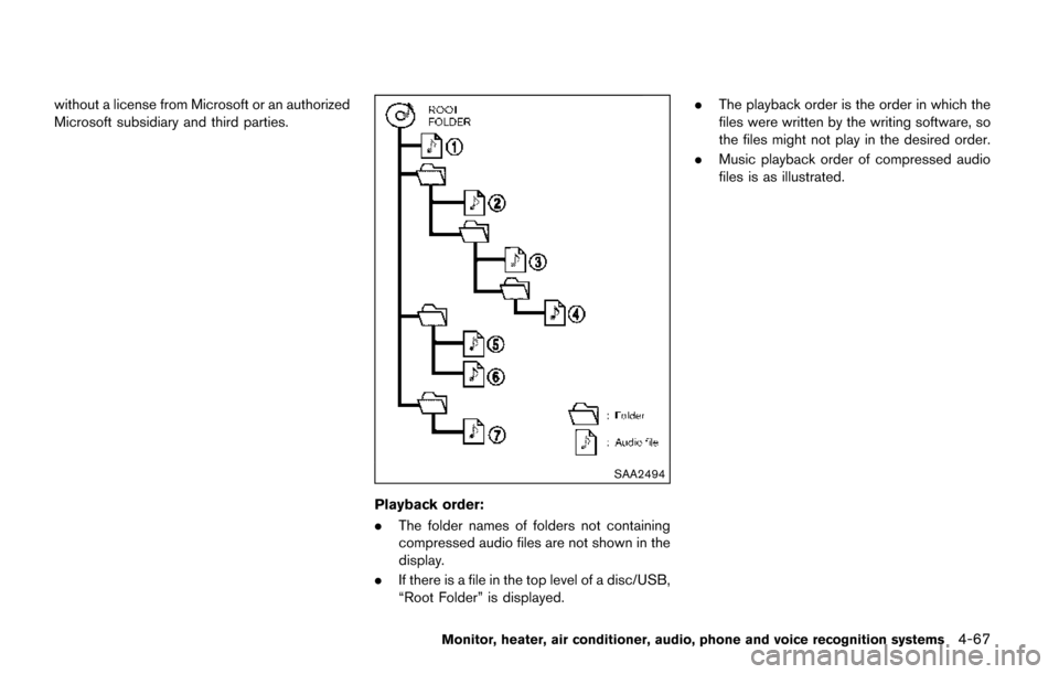 NISSAN QUEST 2017 RE52 / 4.G Owners Manual without a license from Microsoft or an authorized
Microsoft subsidiary and third parties.
SAA2494
Playback order:
.The folder names of folders not containing
compressed audio files are not shown in th