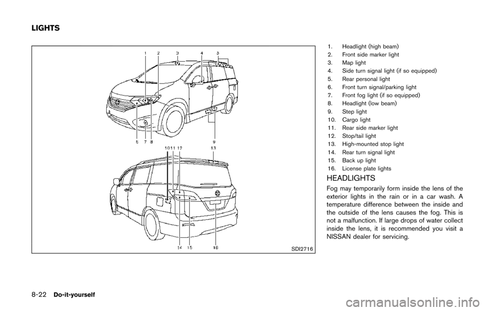 NISSAN QUEST 2017 RE52 / 4.G Owners Manual 8-22Do-it-yourself
SDI2716
1. Headlight (high beam)
2. Front side marker light
3. Map light
4. Side turn signal light (if so equipped)
5. Rear personal light
6. Front turn signal/parking light
7. Fron
