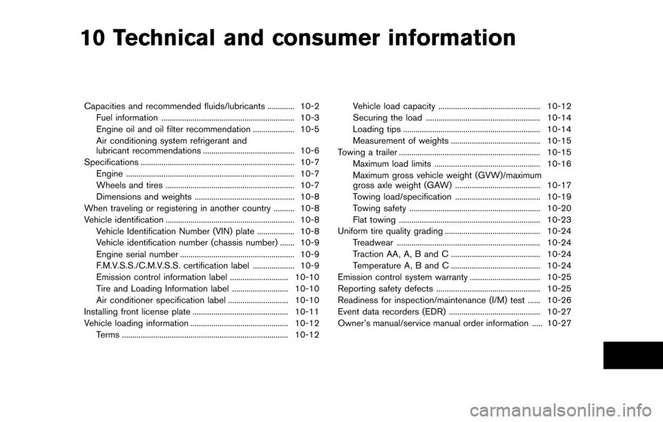NISSAN QUEST 2017 RE52 / 4.G Owners Manual 10 Technical and consumer information
Capacities and recommended fluids/lubricants ............. 10-2Fuel information ................................................................ 10-3
Engine oil a NISSAN QUEST 2017 RE52 / 4.G Owners Manual 10 Technical and consumer information
Capacities and recommended fluids/lubricants ............. 10-2Fuel information ................................................................ 10-3
Engine oil a