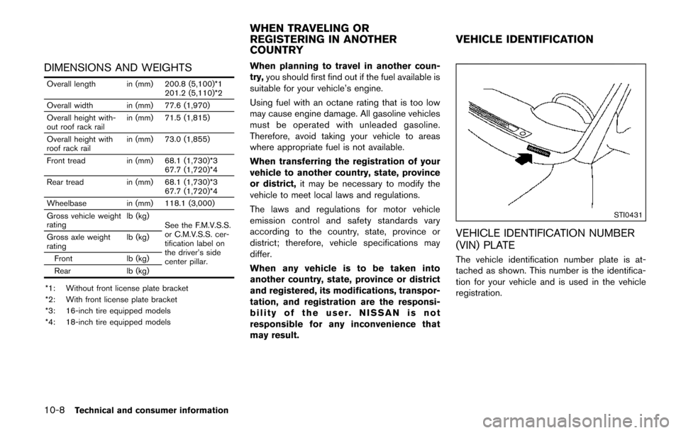 NISSAN QUEST 2017 RE52 / 4.G Owners Manual 10-8Technical and consumer information
DIMENSIONS AND WEIGHTS
Overall length in (mm) 200.8 (5,100)*1201.2 (5,110)*2
Overall width in (mm) 77.6 (1,970)
Overall height with-
out roof rack rail in (mm) 7