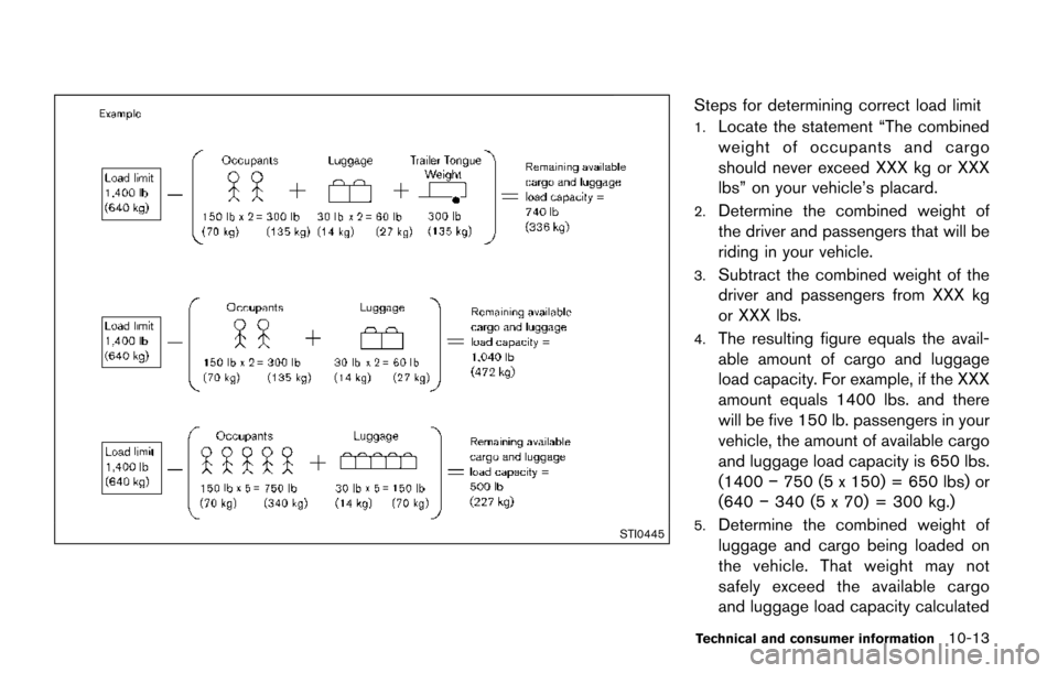 NISSAN QUEST 2017 RE52 / 4.G Owners Manual STI0445
Steps for determining correct load limit
1.Locate the statement “The combined
weight of occupants and cargo
should never exceed XXX kg or XXX
lbs” on your vehicle’s placard.
2.Determine 