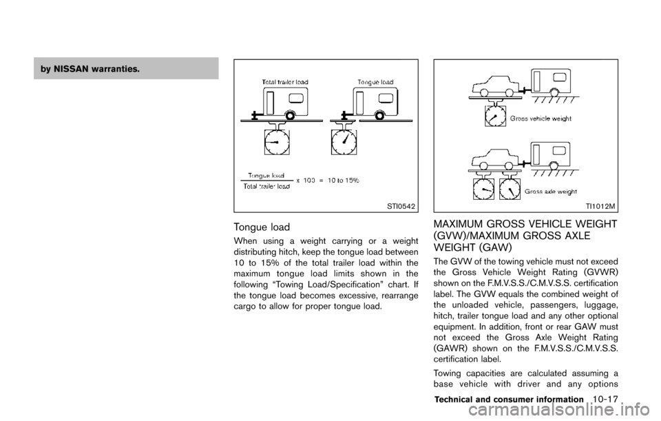 NISSAN QUEST 2017 RE52 / 4.G Owners Manual by NISSAN warranties.
STI0542
Tongue load
When using a weight carrying or a weight
distributing hitch, keep the tongue load between
10 to 15% of the total trailer load within the
maximum tongue load l NISSAN QUEST 2017 RE52 / 4.G Owners Manual by NISSAN warranties.
STI0542
Tongue load
When using a weight carrying or a weight
distributing hitch, keep the tongue load between
10 to 15% of the total trailer load within the
maximum tongue load l