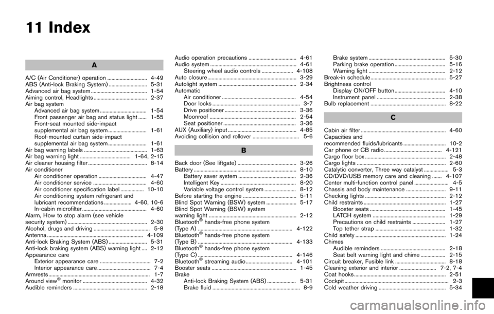 NISSAN QUEST 2017 RE52 / 4.G Owners Manual 11 Index
A
A/C (Air Conditioner) operation ............................. 4-49
ABS (Anti-lock Braking System) ............................ 5-31
Advanced air bag system .................................