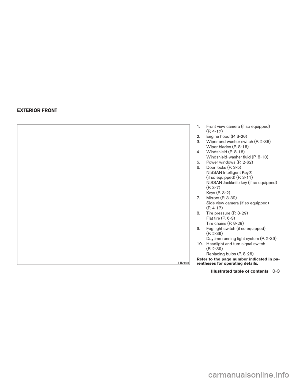 NISSAN ROGUE 2017 2.G User Guide 1. Front view camera (if so equipped)(P. 4-17)
2. Engine hood (P. 3-26)
3. Wiper and washer switch (P. 2-36) Wiper blades (P. 8-16)
4. Windshield (P. 8-16) Windshield-washer fluid (P. 8-10)
5. Power w NISSAN ROGUE 2017 2.G User Guide 1. Front view camera (if so equipped)(P. 4-17)
2. Engine hood (P. 3-26)
3. Wiper and washer switch (P. 2-36) Wiper blades (P. 8-16)
4. Windshield (P. 8-16) Windshield-washer fluid (P. 8-10)
5. Power w
