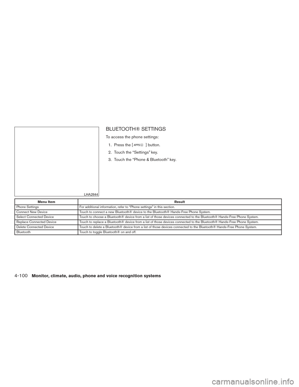 NISSAN ROGUE 2017 2.G Owners Manual BLUETOOTH® SETTINGS
To access the phone settings:1. Press the [
] button.
2. Touch the “Settings” key.
3. Touch the “Phone & Bluetooth” key.
Menu Item Result
Phone Settings For additional inf