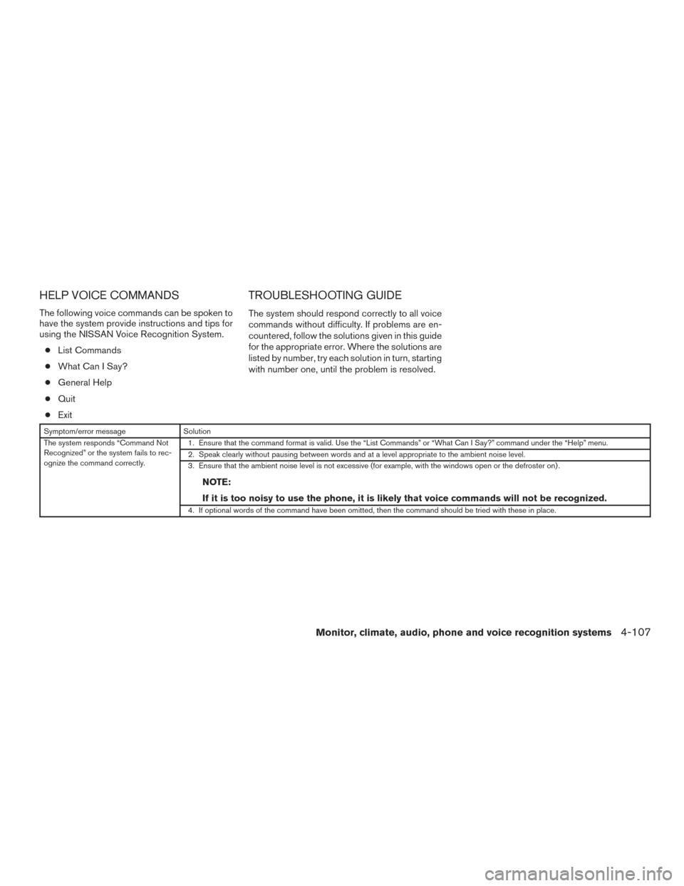 NISSAN ROGUE 2017 2.G Owners Manual HELP VOICE COMMANDS
The following voice commands can be spoken to
have the system provide instructions and tips for
using the NISSAN Voice Recognition System.● List Commands
● What Can I Say?
●  NISSAN ROGUE 2017 2.G Owners Manual HELP VOICE COMMANDS
The following voice commands can be spoken to
have the system provide instructions and tips for
using the NISSAN Voice Recognition System.● List Commands
● What Can I Say?
●