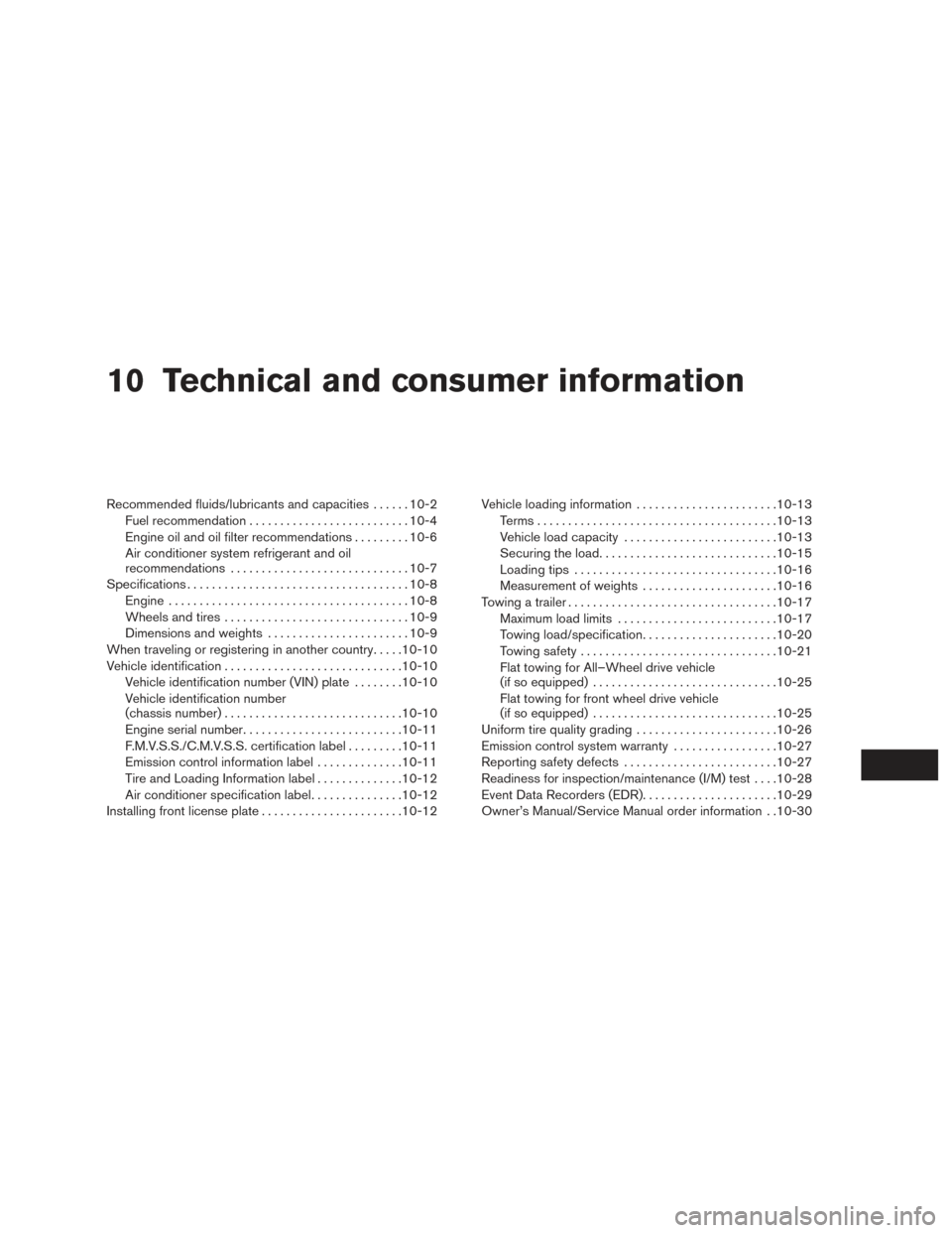 NISSAN ROGUE 2017 2.G Workshop Manual 10 Technical and consumer information
Recommended fluids/lubricants and capacities......10-2
Fuel recommendation .......................... 10-4
Engine oil and oil filter recommendations .........10-6