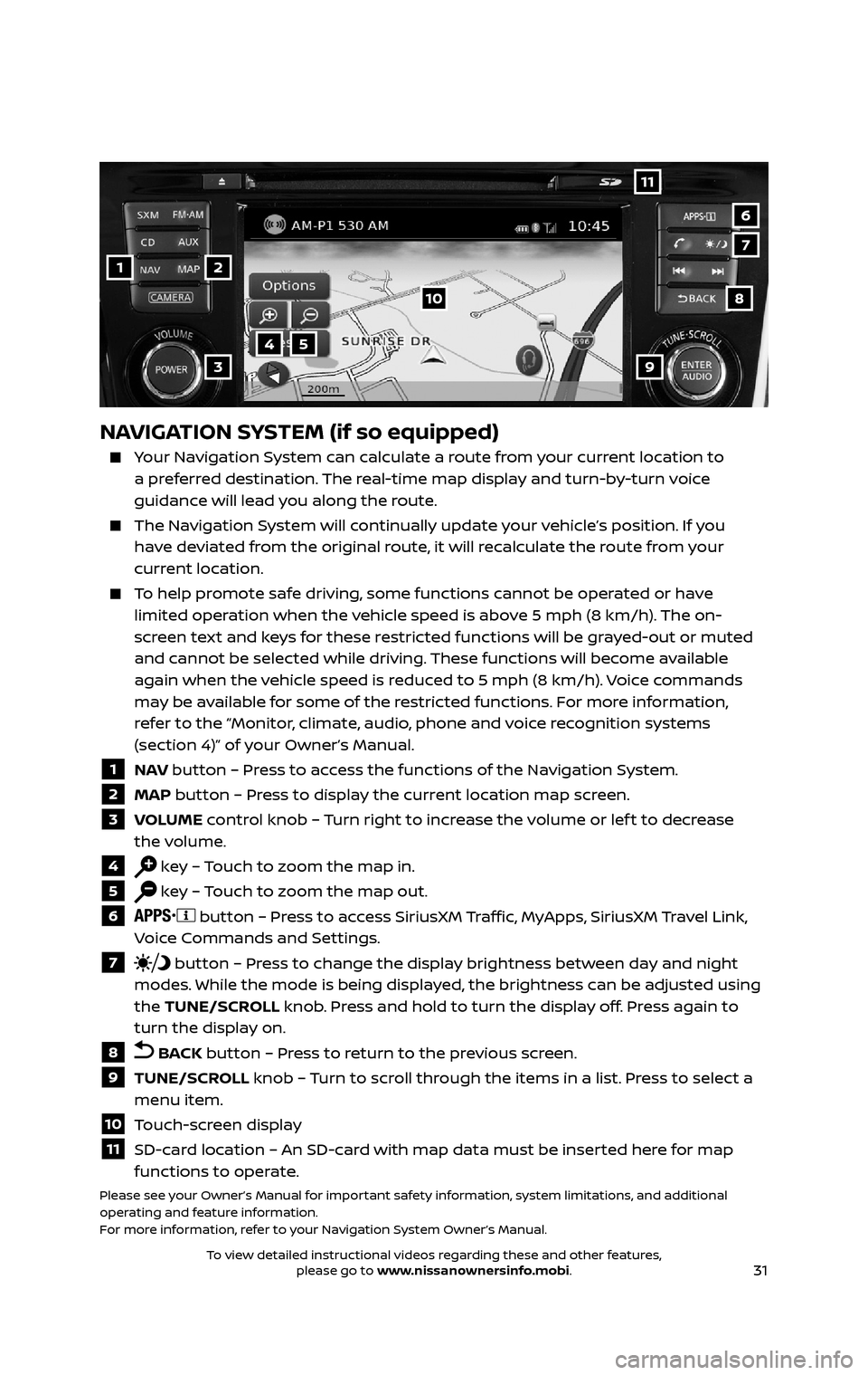 NISSAN ROGUE HYBRID 2017 2.G Quick Reference Guide 31
1
11
4
7
108
2
39
5
6
NAVIGATION SYSTEM (if so equipped)
Your Navigation System can calculate a route from your current location to a preferred destination. The real-time map display and turn-b NISSAN ROGUE HYBRID 2017 2.G Quick Reference Guide 31
1
11
4
7
108
2
39
5
6
NAVIGATION SYSTEM (if so equipped)
Your Navigation System can calculate a route from your current location to a preferred destination. The real-time map display and turn-b