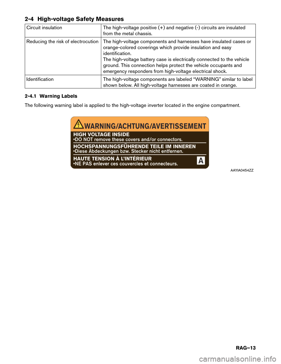 NISSAN ROGUE HYBRID 2017 2.G Roadside Assistance Guide 2-4 High-voltage Safety Measures
Circuit insulation
The high-voltage positive (+) and negative (-) circuits are insulated
from the metal chassis.
Reducing the risk of electrocution The high-voltage co